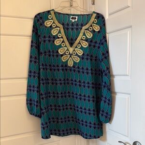 Mud Pie Teal and Navy Geometric Tunic with Yellow Highlights